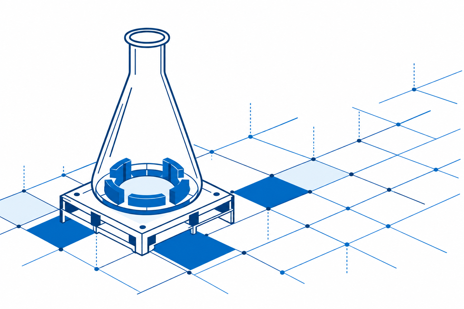 A laboratory flask on a modular engineering platform, with an open grid extending toward future possibilities.